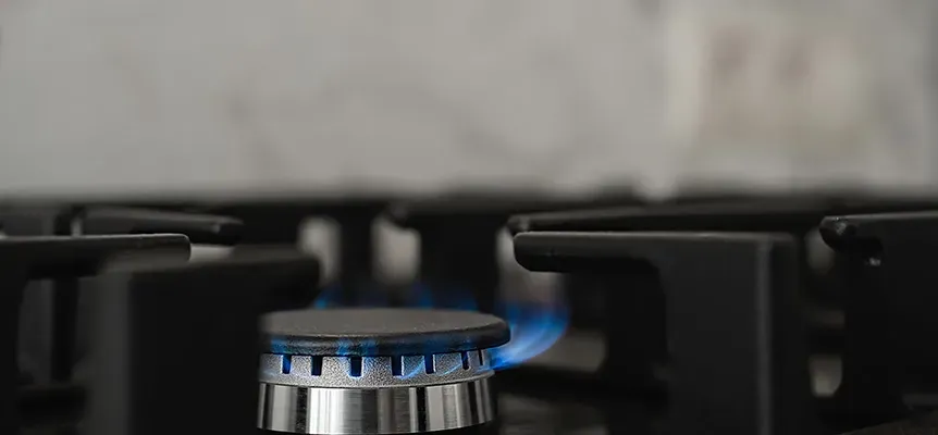 Fogón de cocina encendido con llama azul de gas