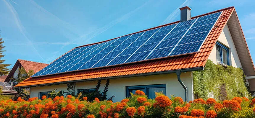 House with solar roof and batteries