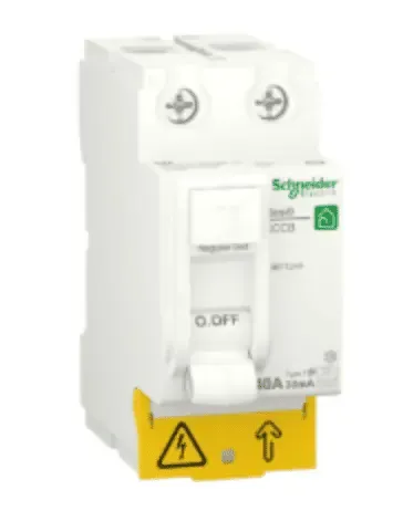 Interruptor automático eléctrico Schneider con interruptor de apagado y etiqueta de advertencia