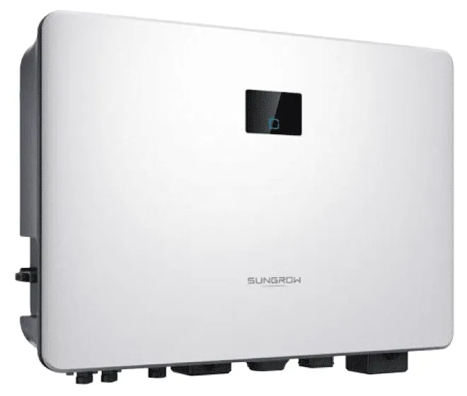 Inversor solar Sungrow blanco con pantalla frontal y conectores inferiores