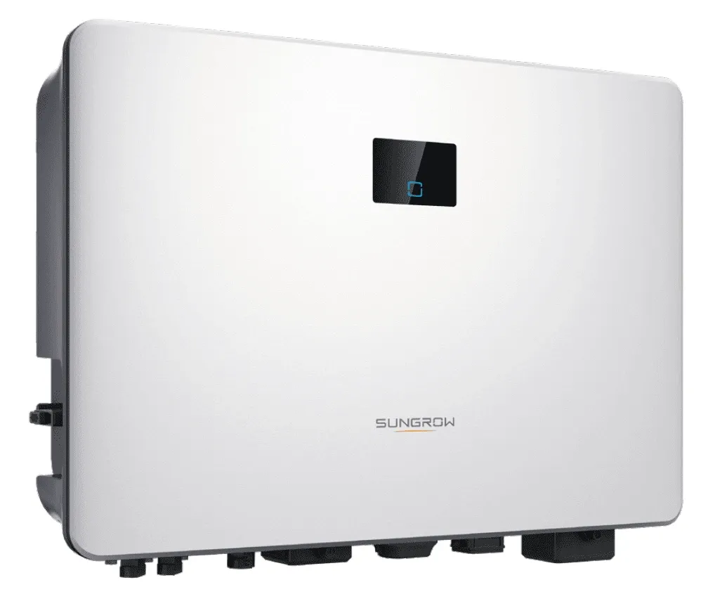 Vista frontal del inversor solar Sungrow blanco con pantalla iluminada en azul