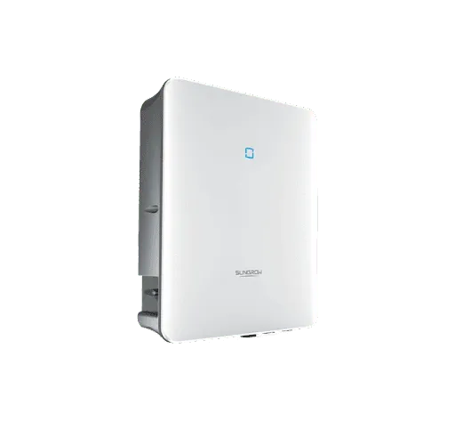 Vista lateral del inversor solar Sungrow blanco con botón iluminado en azul