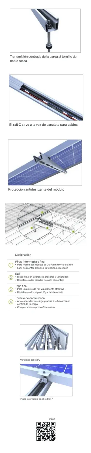 Sistema de raïls de muntatge per panells solars amb protecció antilliscant i canal de cables integrat